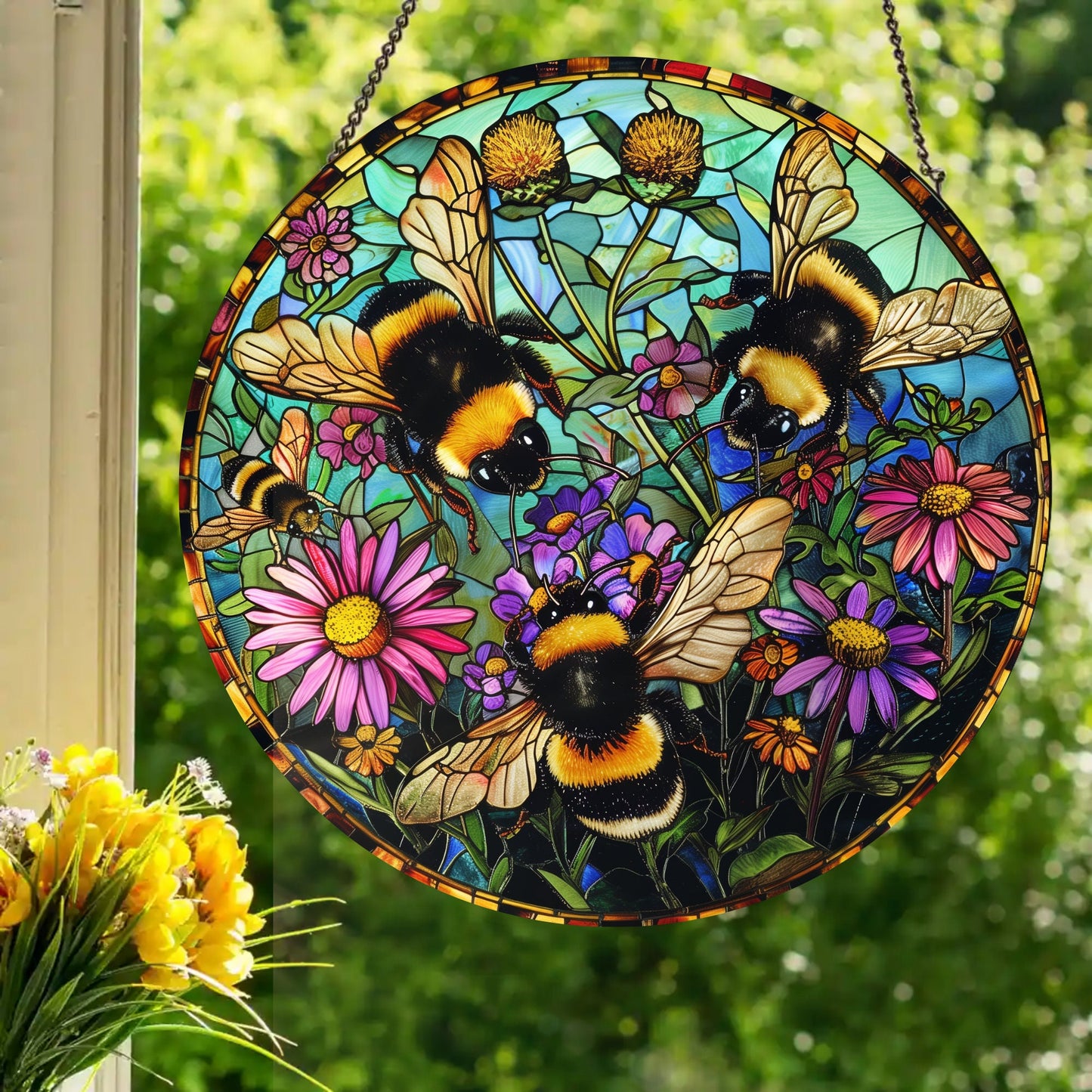 Bumblebees and Blossoms: Stained Glass Style Window Hanging