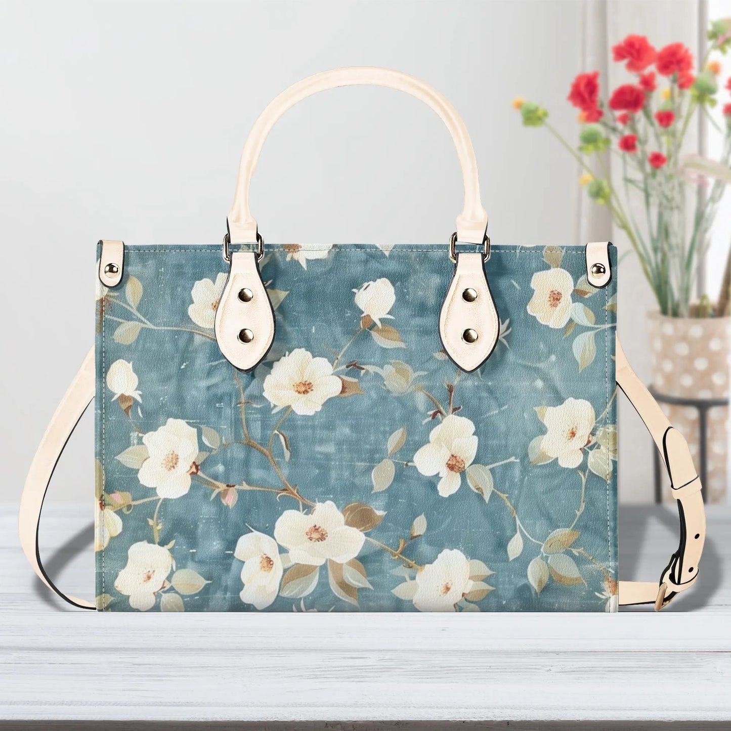 Summer Blue Bloom Handbag. Colorful Handbag, Waterproof PU Leather Tote, Top Handle Vegan Leather, Crossbody, Shoulder bag. Square Tote Bag
