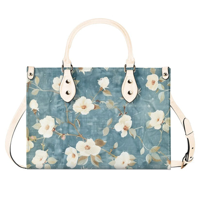 Summer Blue Bloom Handbag. Colorful Handbag, Waterproof PU Leather Tote, Top Handle Vegan Leather, Crossbody, Shoulder bag. Square Tote Bag