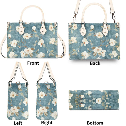 Summer Blue Bloom Handbag. Colorful Handbag, Waterproof PU Leather Tote, Top Handle Vegan Leather, Crossbody, Shoulder bag. Square Tote Bag