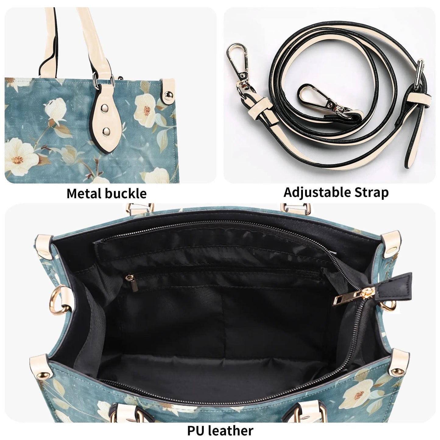 Summer Blue Bloom Handbag. Colorful Handbag, Waterproof PU Leather Tote, Top Handle Vegan Leather, Crossbody, Shoulder bag. Square Tote Bag