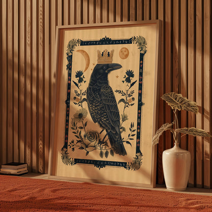 King Raven Norse Folk Art Poster Mystical Moon Illustration Flowery Crown Spiritual Print Botanical Rose Boho Wall Art Earth Tones Flowery
