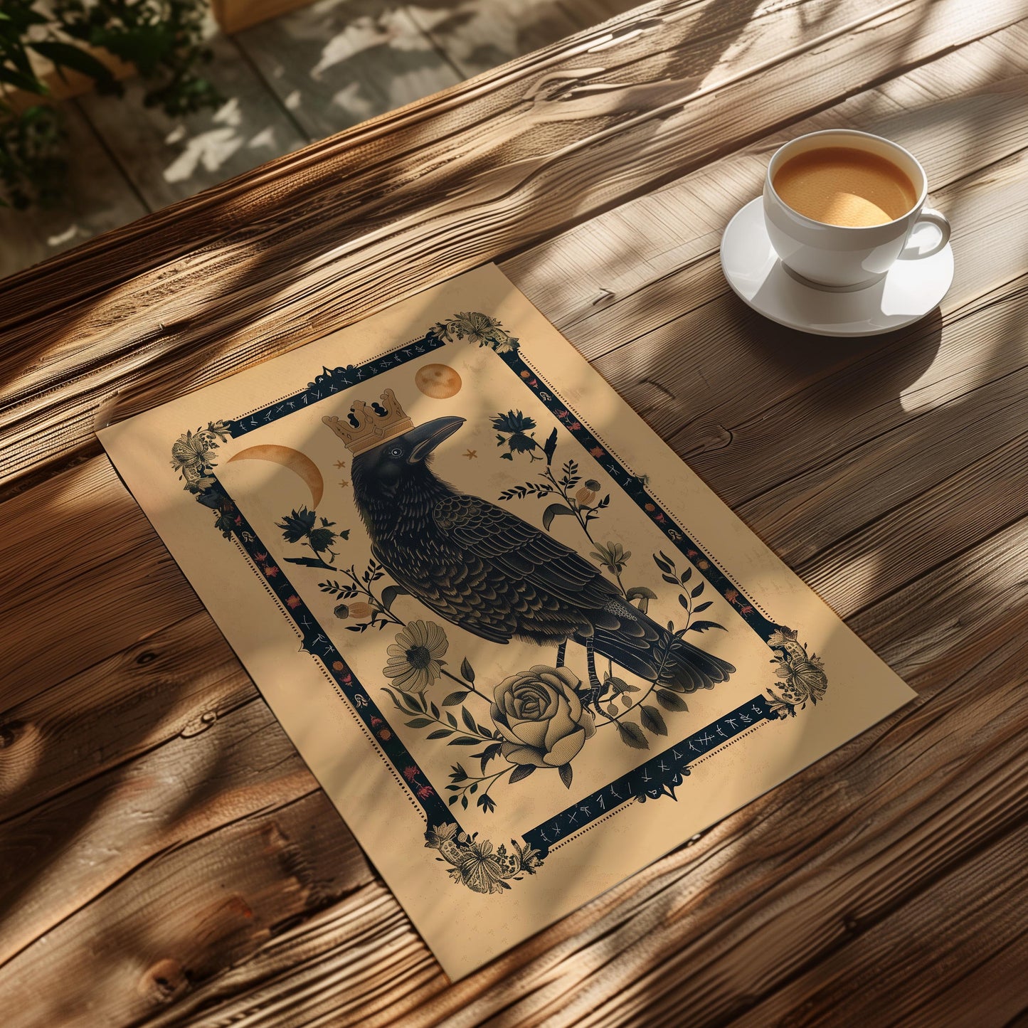 King Raven Norse Folk Art Poster Mystical Moon Illustration Flowery Crown Spiritual Print Botanical Rose Boho Wall Art Earth Tones Flowery