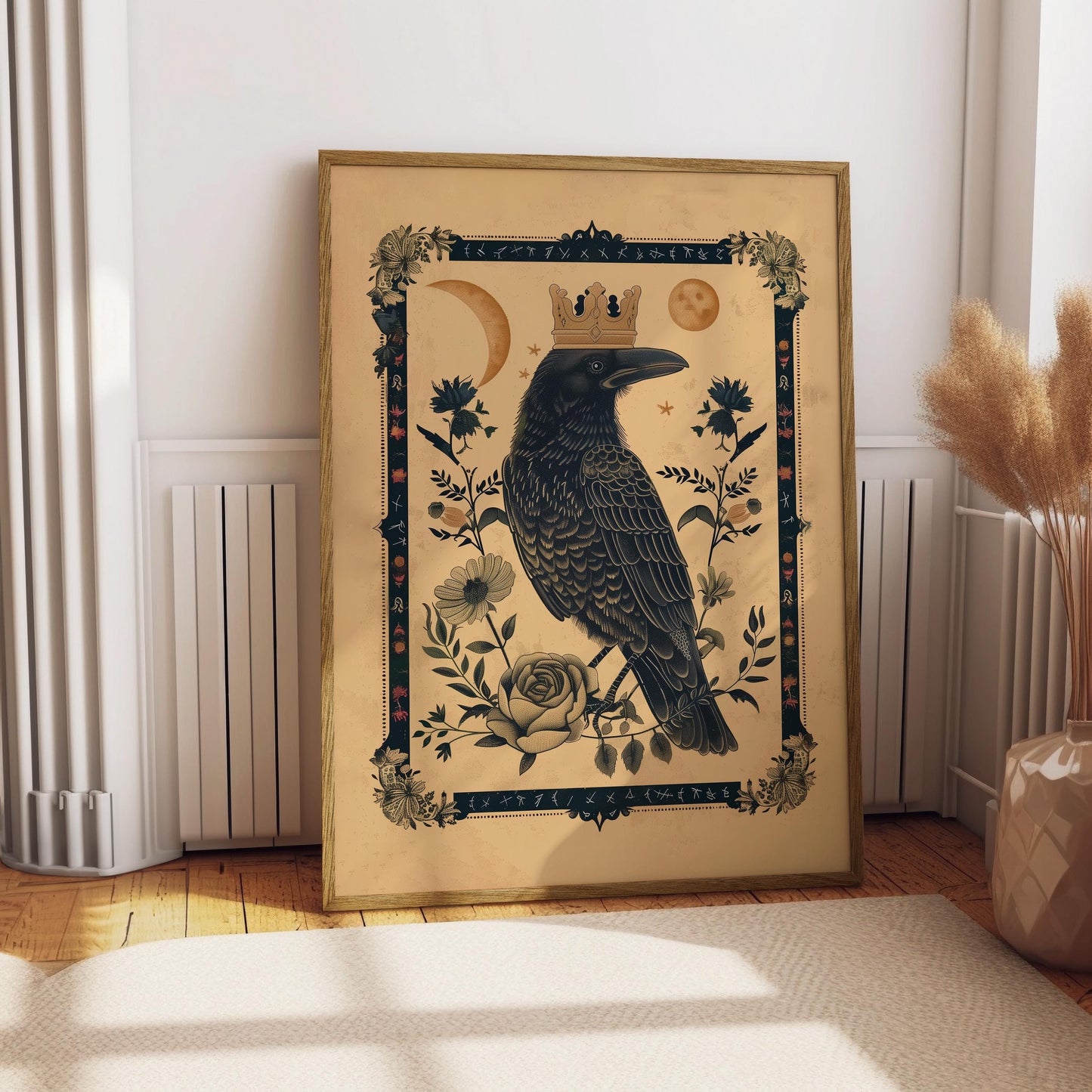 King Raven Norse Folk Art Poster Mystical Moon Illustration Flowery Crown Spiritual Print Botanical Rose Boho Wall Art Earth Tones Flowery