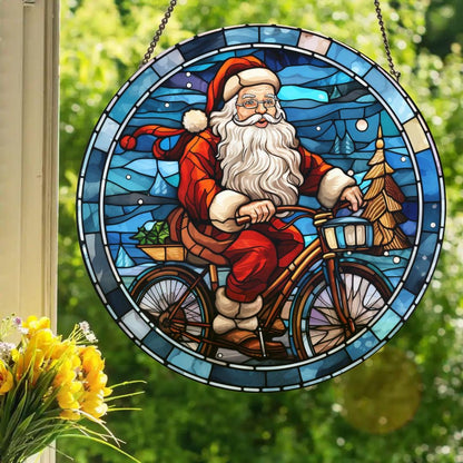 Cyclist Santa Claus: Stained Glass Style Window Hanging