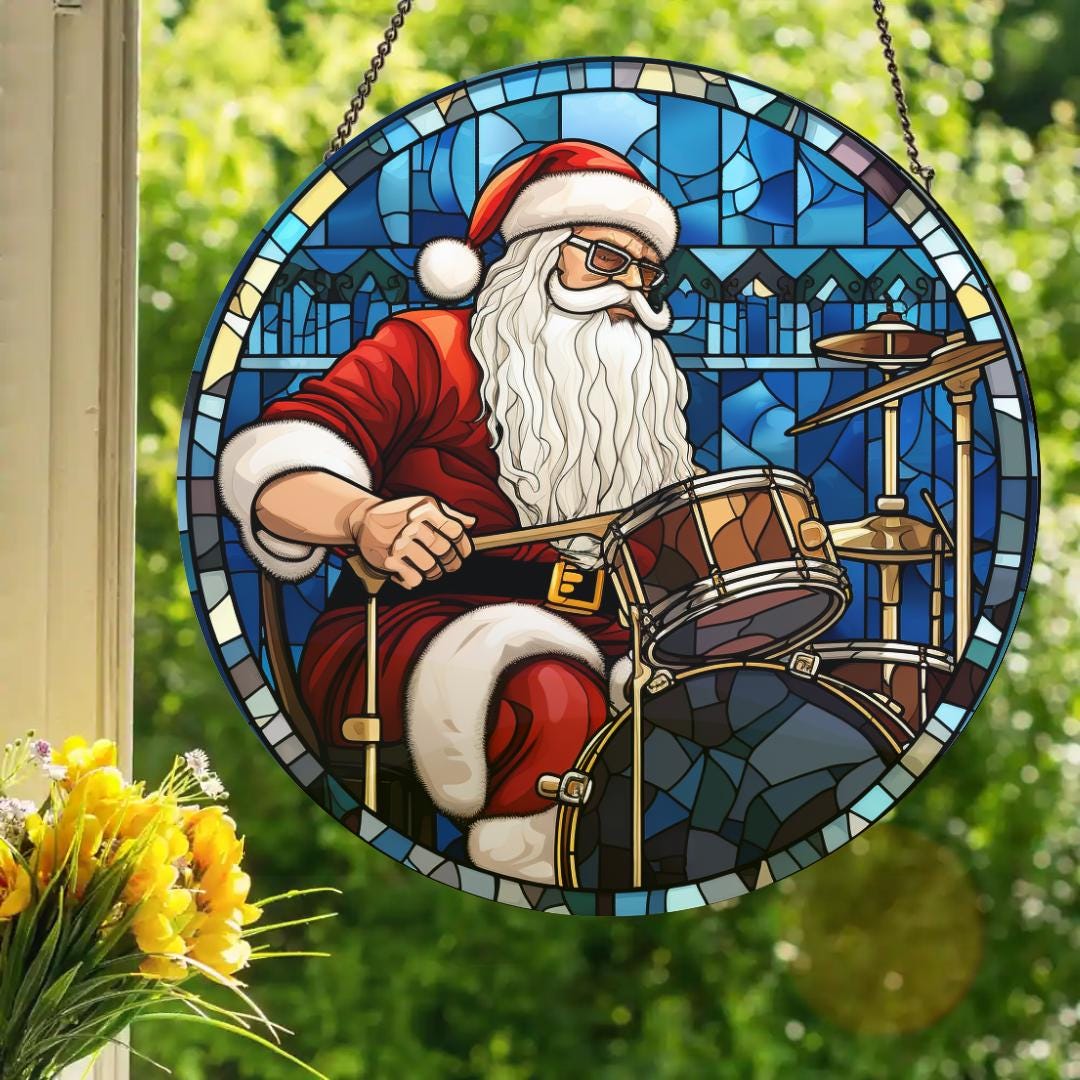 Drummer Santa Claus: Stained Glass Style Window Hanging