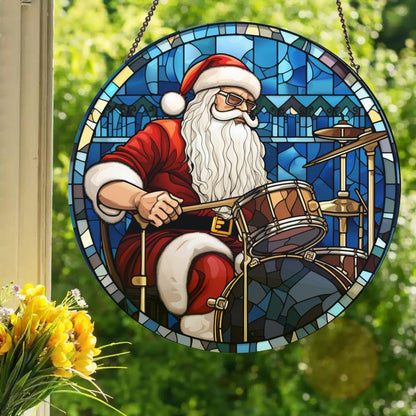 Drummer Santa Claus: Stained Glass Style Window Hanging