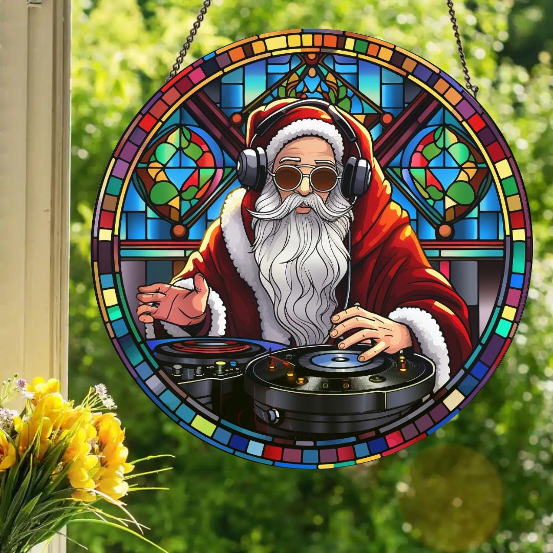 House DJ Santa Claus: Stained Glass Style Window Hanging