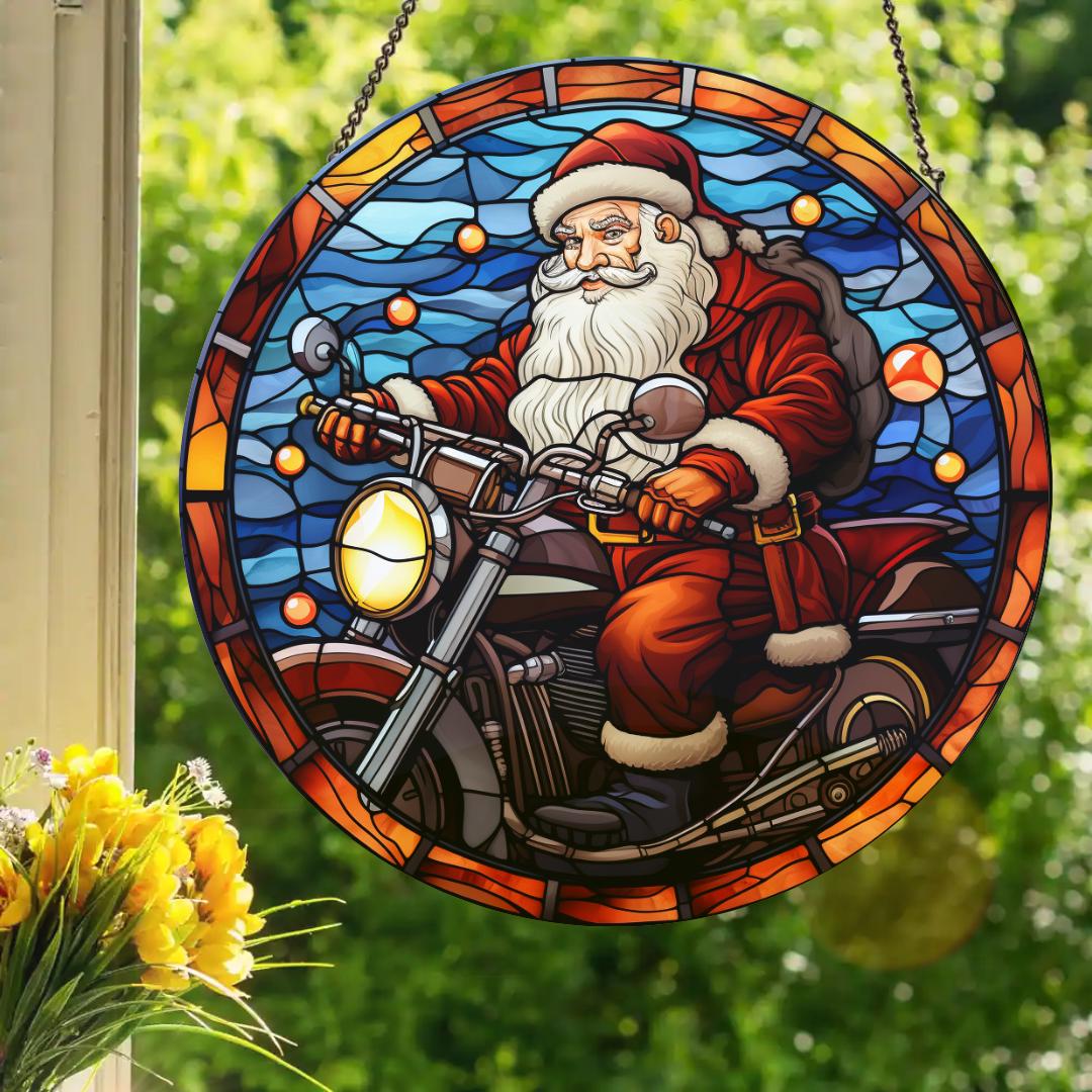 Biker Santa Claus: Stained Glass Style Window Hanging