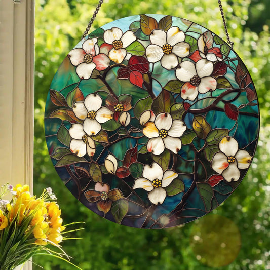 Dogwood: Stained Glass Style Window Hanging