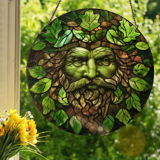 Green Man: Stained Glass Style Window Hanging