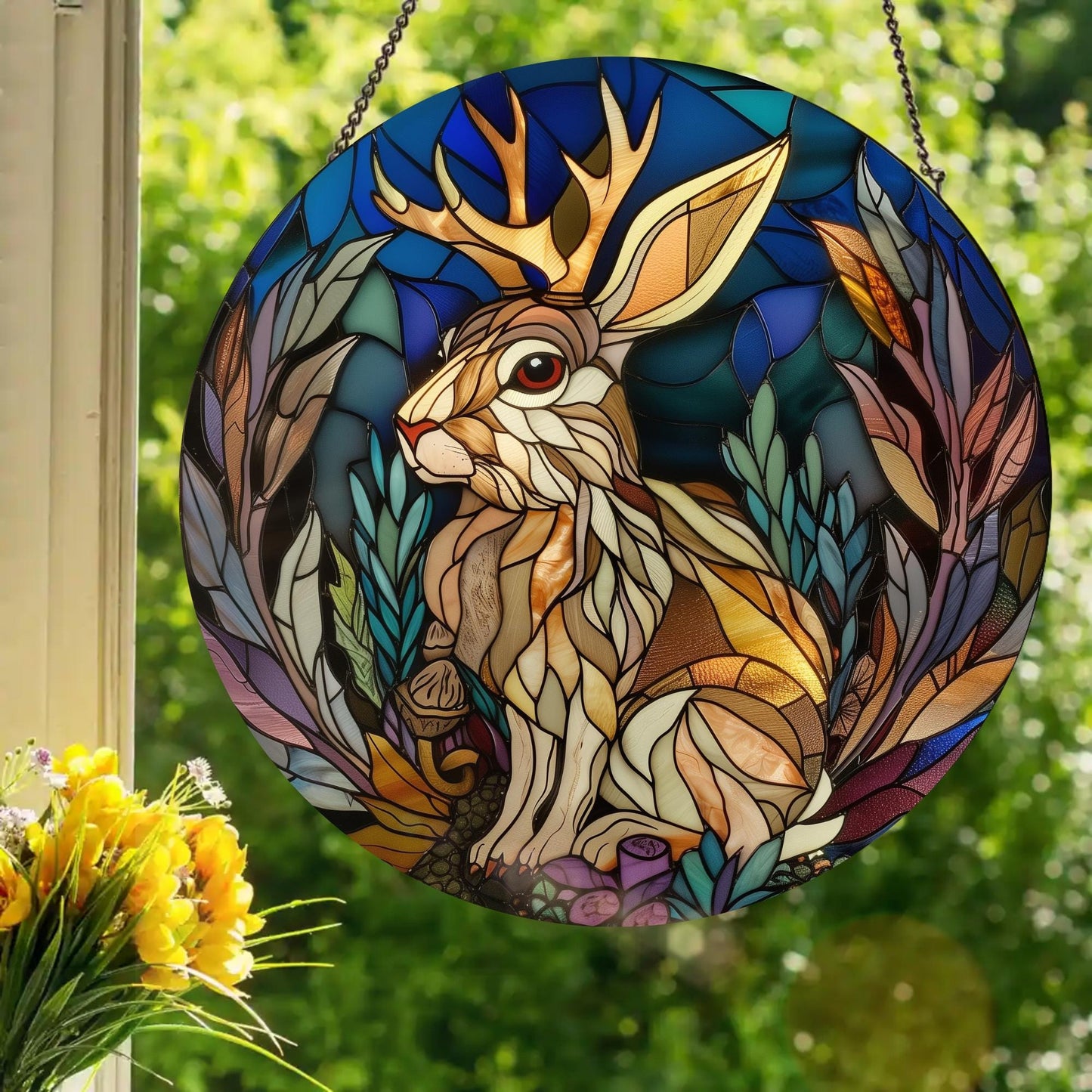 Jackalope: Stained Glass Style Window Hanging