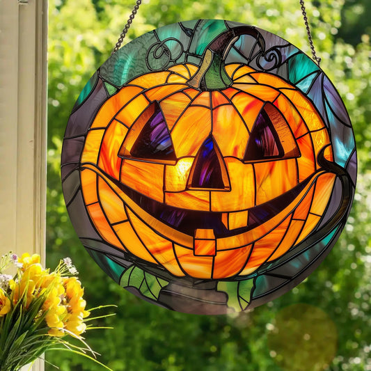 Jack O Lantern: Stained Glass Style Window Hanging