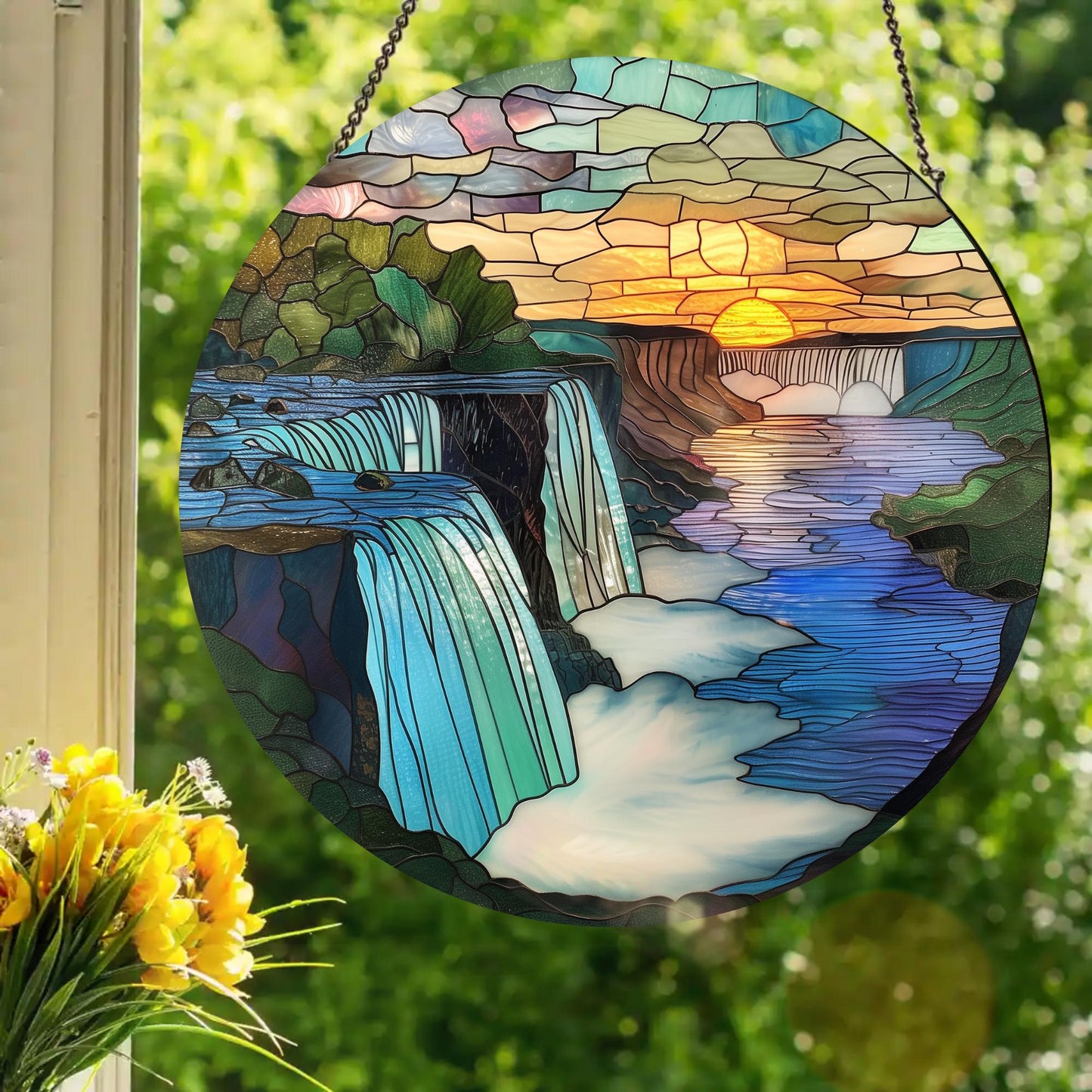 Majestic Waterfalls: Stained Glass Style Window Hanging