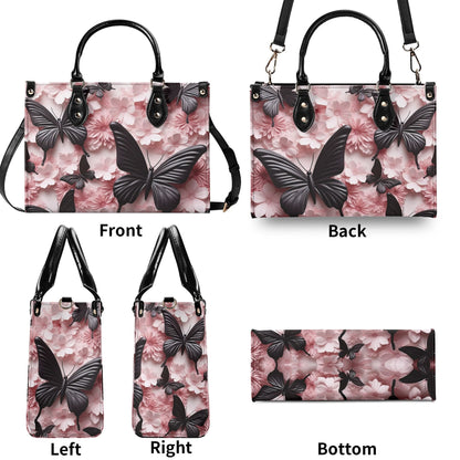 Black Butterfly Chic Tote Handbag. Pink Handbag, Waterproof PU Leather Tote, Top Handle Vegan Leather, Crossbody, Shoulder bag.
