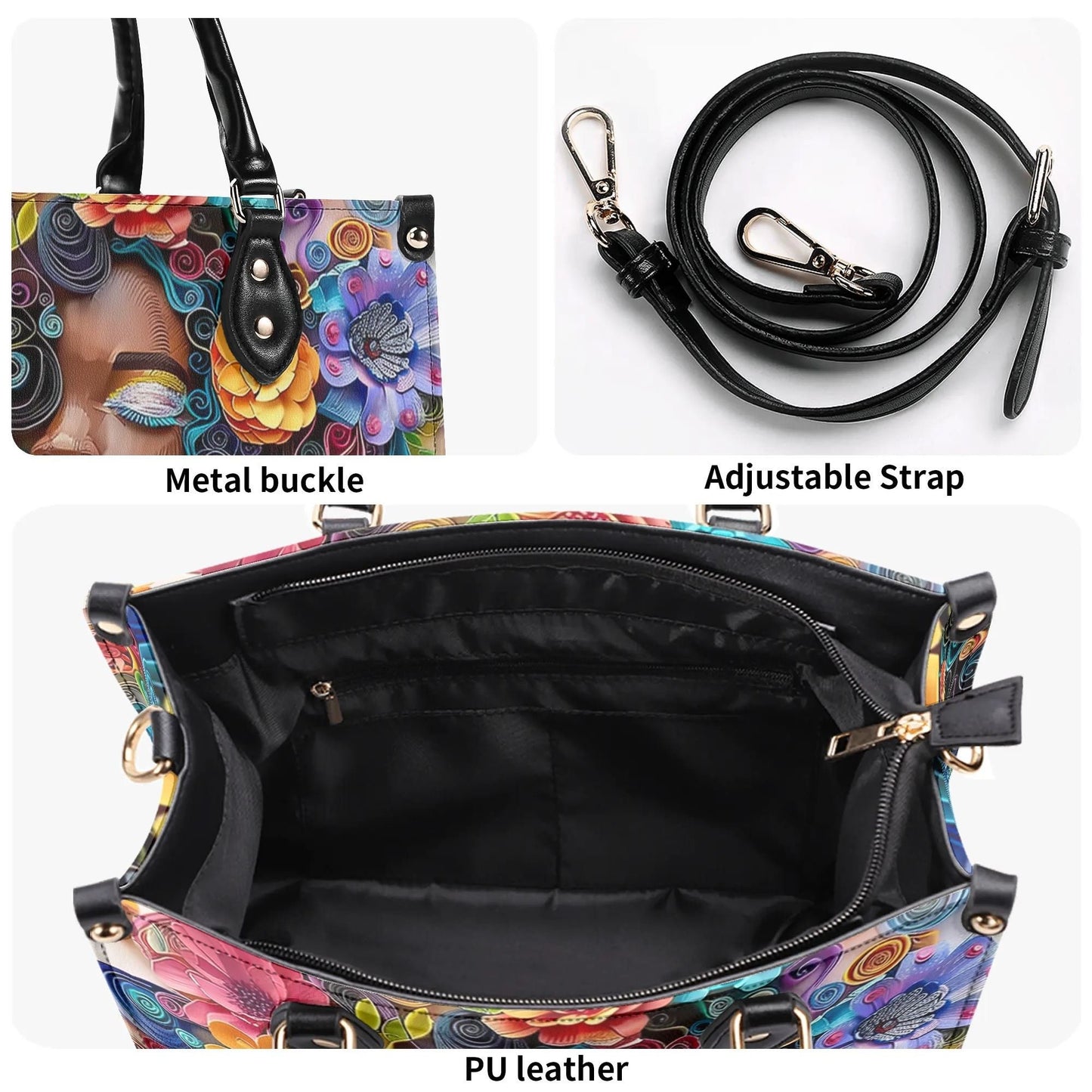 Afro-Centric Bloom Chic Tote Handbag. Colorful Handbag, Waterproof PU Leather Tote, Top Handle Vegan Leather, Crossbody, Shoulder bag.