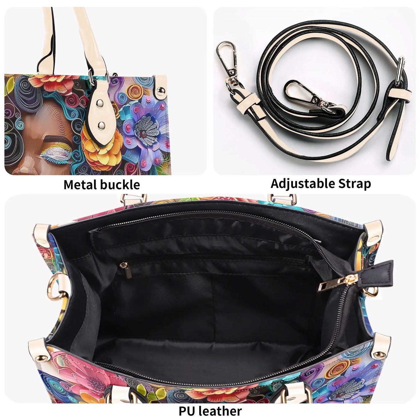 Afro-Centric Bloom Chic Tote Handbag. Colorful Handbag, Waterproof PU Leather Tote, Top Handle Vegan Leather, Crossbody, Shoulder bag.