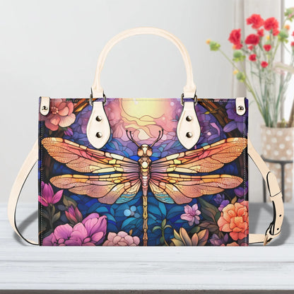 Stained-Glass Dragonfly Tote Handbag. Colorful Handbag, Waterproof PU Leather Tote, Top Handle Vegan Leather, Crossbody, Shoulder bag.
