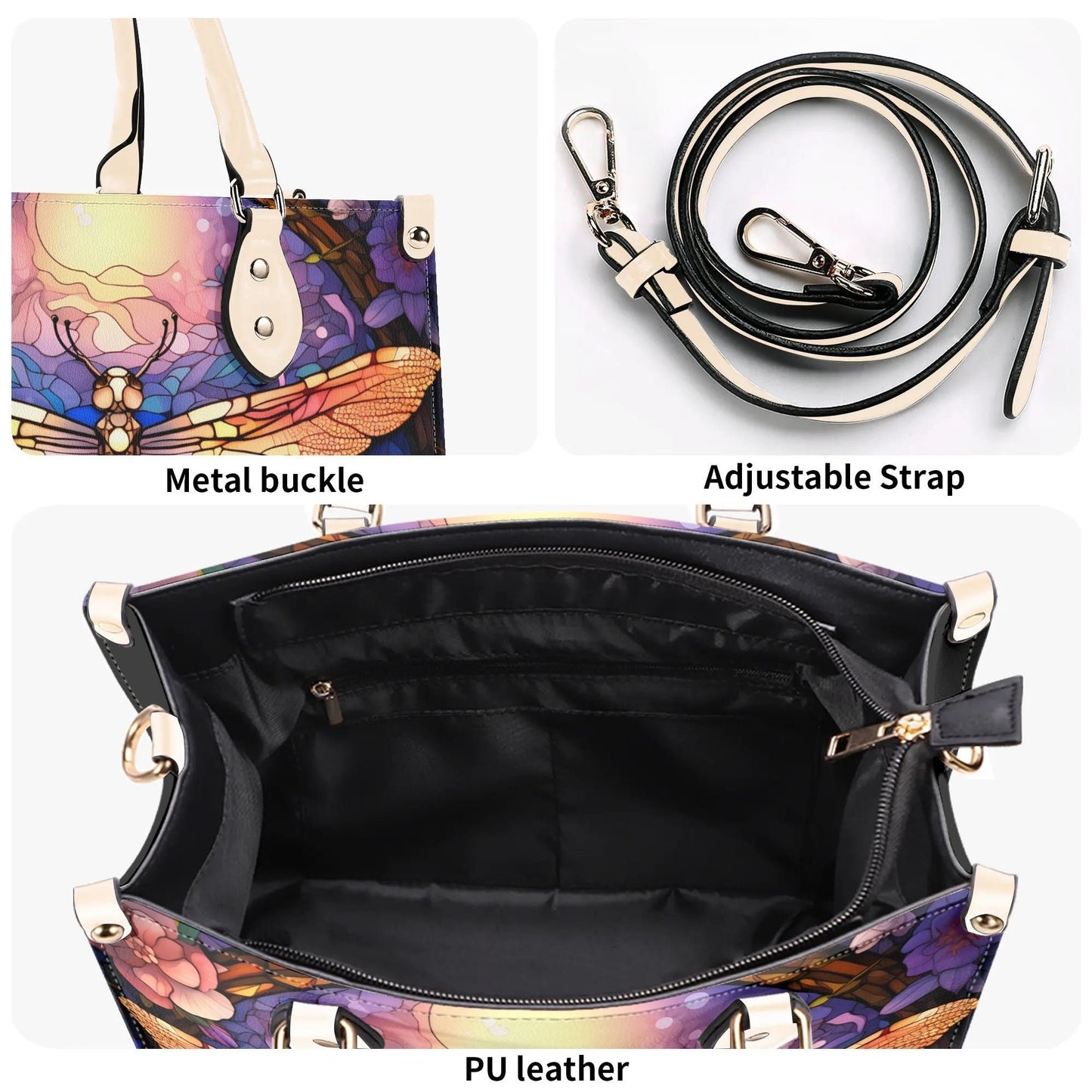 Stained-Glass Dragonfly Tote Handbag. Colorful Handbag, Waterproof PU Leather Tote, Top Handle Vegan Leather, Crossbody, Shoulder bag.