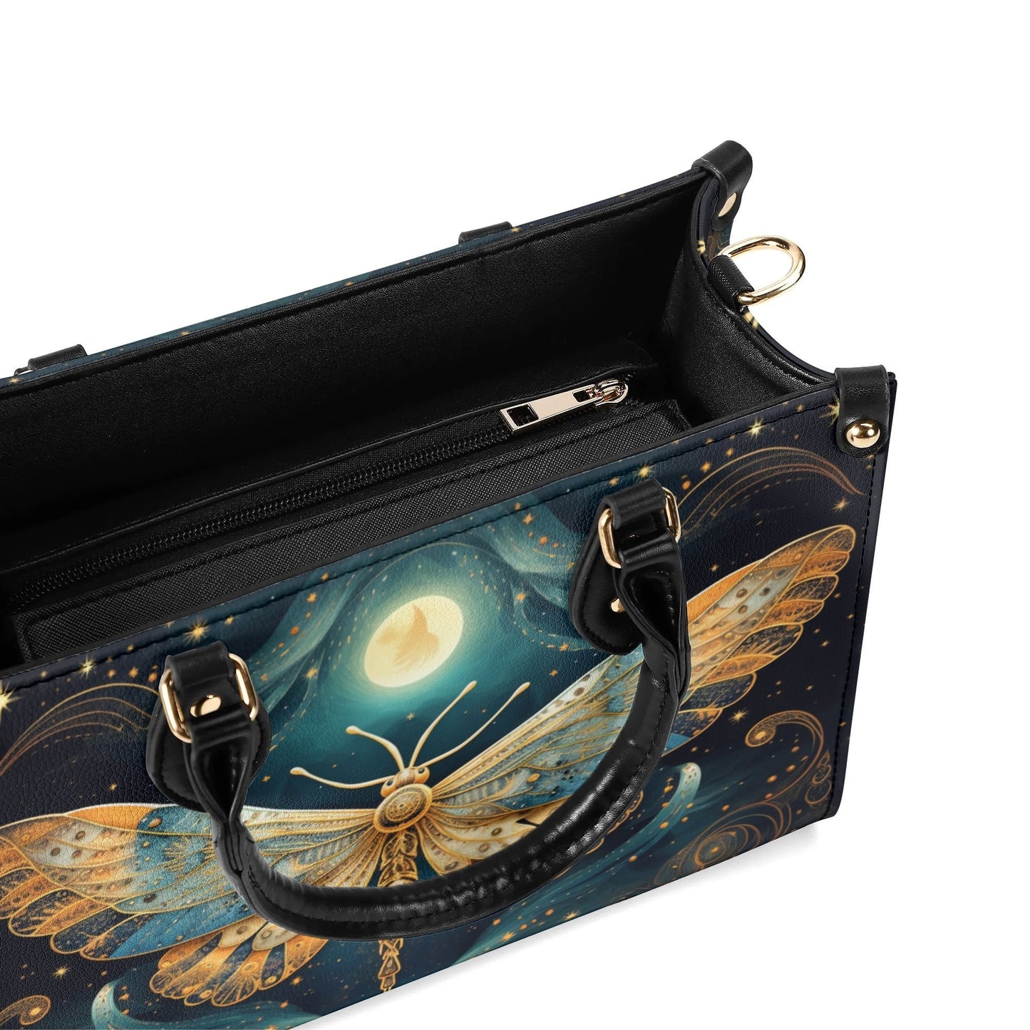 Lunar Moth Chic Tote Handbag. Mystical Handbag, Waterproof PU Leather Tote, Top Handle Vegan Leather, Crossbody, Shoulder bag.