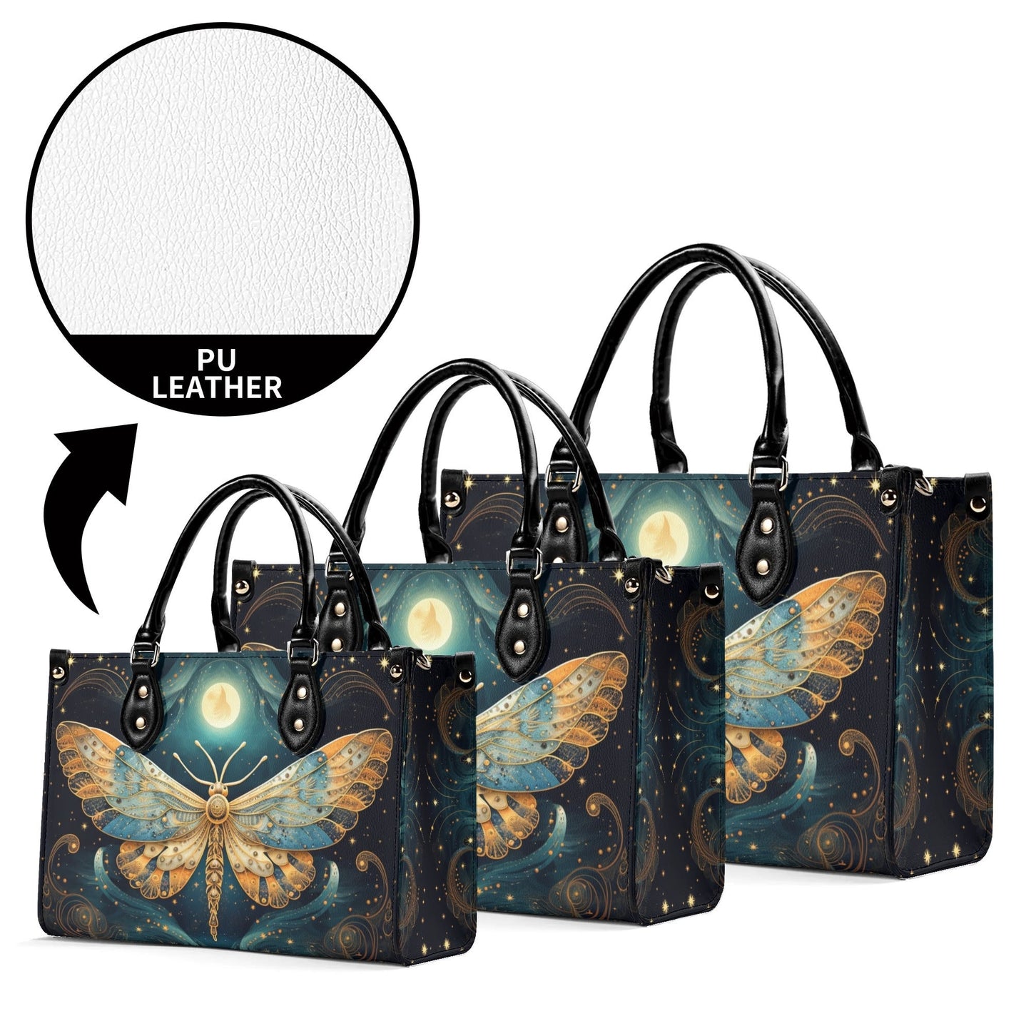 Lunar Moth Chic Tote Handbag. Mystical Handbag, Waterproof PU Leather Tote, Top Handle Vegan Leather, Crossbody, Shoulder bag.