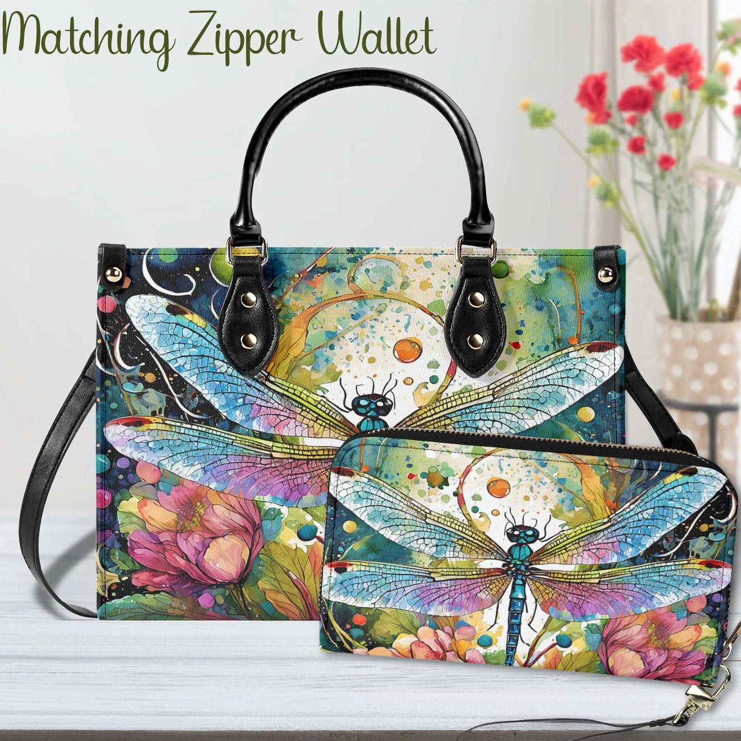 Watercolor Dragonfly Handbag. Colorful Handbag, Waterproof PU Leather Handbag, Top Handle Vegan Leather, Crossbody, Shoulder bag.