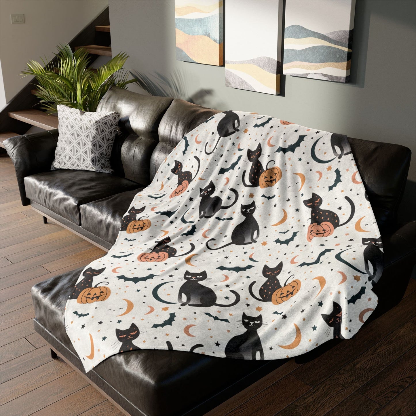 Retro Halloween Blanket Halloween Home Decor Spooky Fleece Throw Black Cat Bats Pumpkin Minky Bedding Moon and Stars Bed Spread Celestial