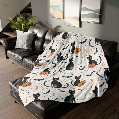 Retro Halloween Blanket Halloween Home Decor Spooky Fleece Throw Black Cat Bats Pumpkin Minky Bedding Moon and Stars Bed Spread Celestial