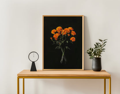 Vintage Orange Marigolds Oil Painting Black Gothic Antique Flower Print Illustration Botanical Farmhouse October Birth Flower Birthday Gift