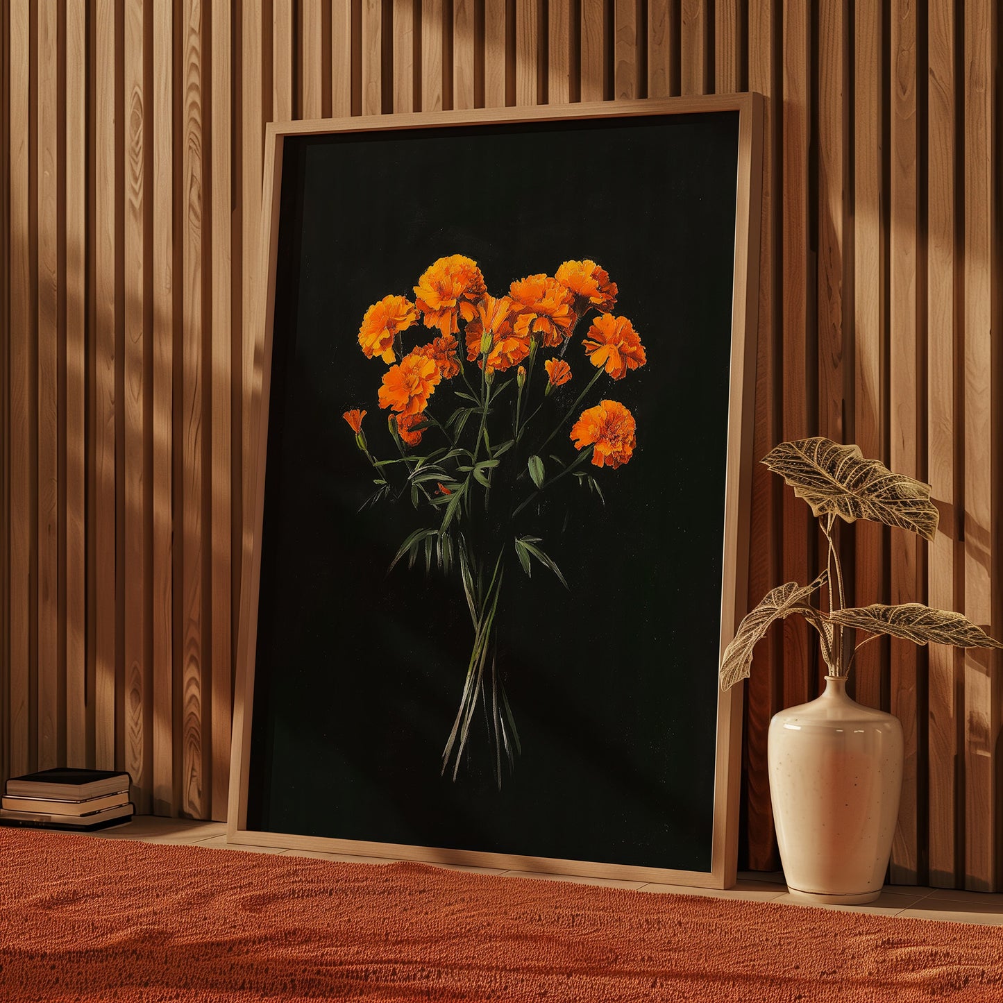 Vintage Orange Marigolds Oil Painting Black Gothic Antique Flower Print Illustration Botanical Farmhouse October Birth Flower Birthday Gift