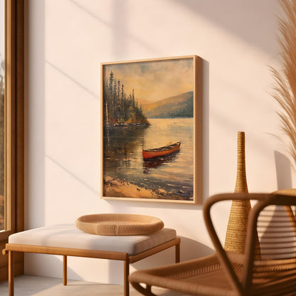 Vintage Canoe in the Lake Oil Painting Print Rustic Antique Retro Outdoor Sports Poster Canadian Travel Cabin Cottage Wall Art Gift
