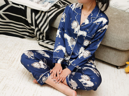 Cute Lion Print Pyjama Set ,Long Sleeves ,Bride and Bridesmaid Pajama , Birthday Gifts For Her, Two Pieces Pajamas Sets