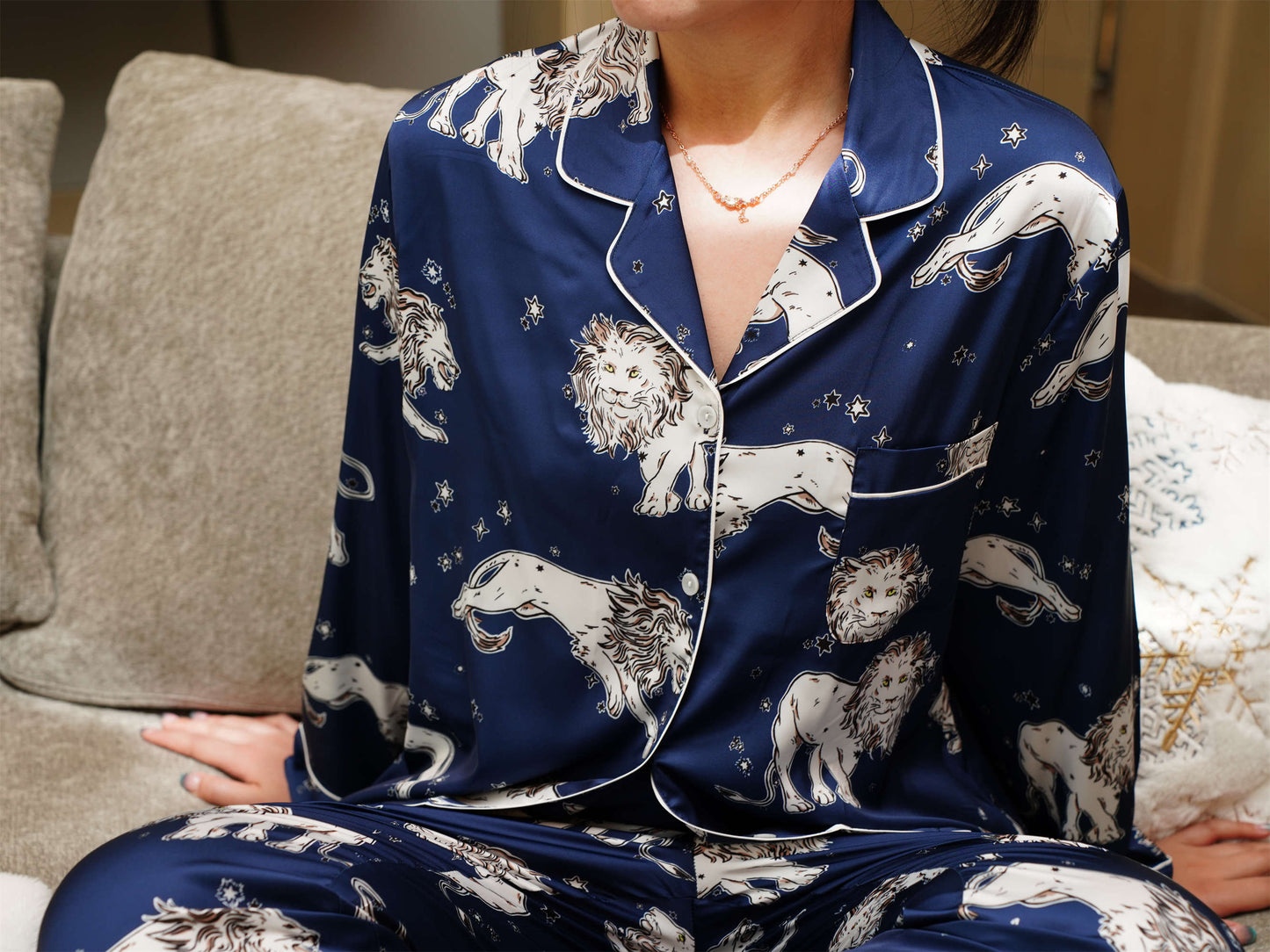 Cute Lion Print Pyjama Set ,Long Sleeves ,Bride and Bridesmaid Pajama , Birthday Gifts For Her, Two Pieces Pajamas Sets