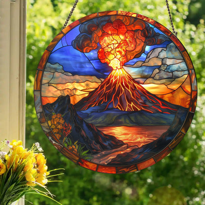 Erupting Volcano: Stained Glass Style Window Hanging