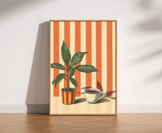 Retro Coffee Print, Retro Cafe, Coffee Art, Warm Stripes, Food Drink Kitchen Poster, Dining Room Art, Coffee Lover Gift, Plants, Minimalist