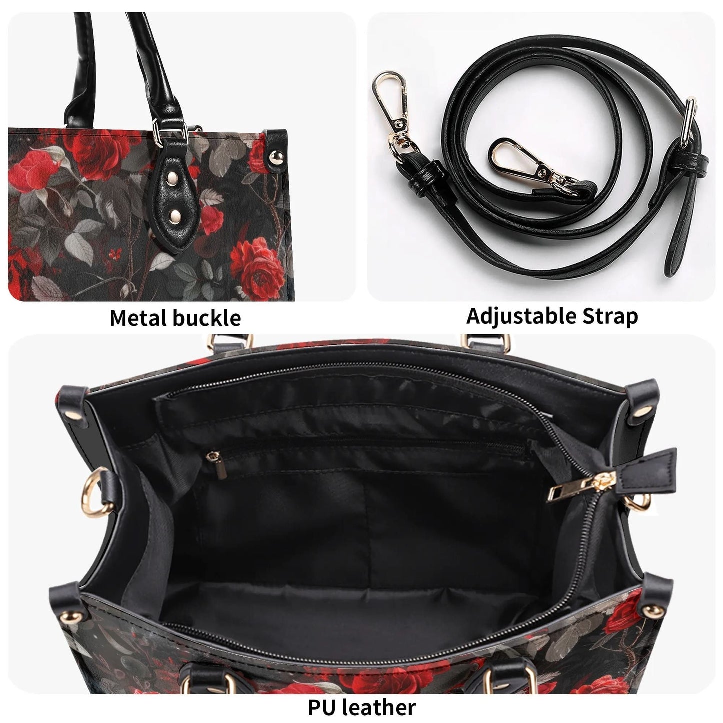 Gothic Rose Tote Handbag. Colorful Handbag, Waterproof PU Leather Tote, Top Handle Vegan Leather, Crossbody, Shoulder bag.