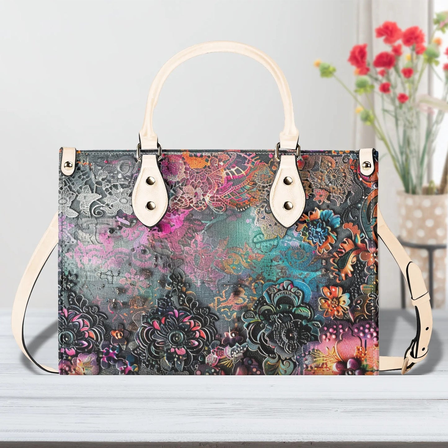 Dark Enchantment Tote Handbag. Colorful Handbag, Waterproof PU Leather Tote, Top Handle Vegan Leather, Crossbody, Shoulder bag.