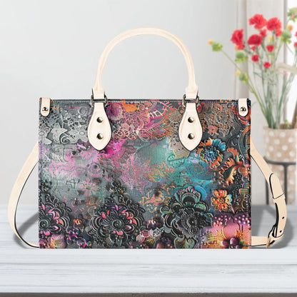 Dark Enchantment Tote Handbag. Colorful Handbag, Waterproof PU Leather Tote, Top Handle Vegan Leather, Crossbody, Shoulder bag.
