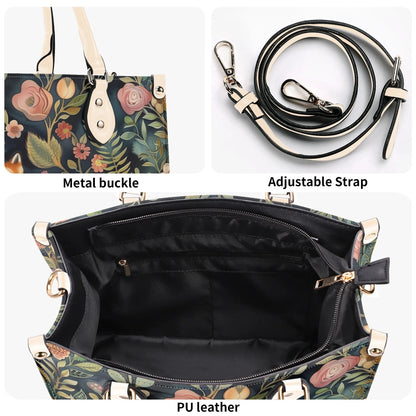Enchanted Fox Grove Tote Handbag. Colorful Handbag, Waterproof PU Leather Tote, Top Handle Vegan Leather, Crossbody, Shoulder bag.