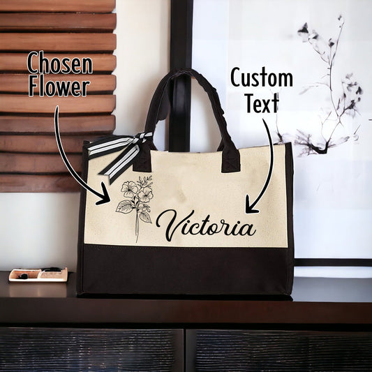Floral Name Tote, Personalized Canvas Tote, Mothers Day Gifts, Gift for Her, Birth Month Flower Bag, Custom Tote Bag, Reusable Shopping Bag