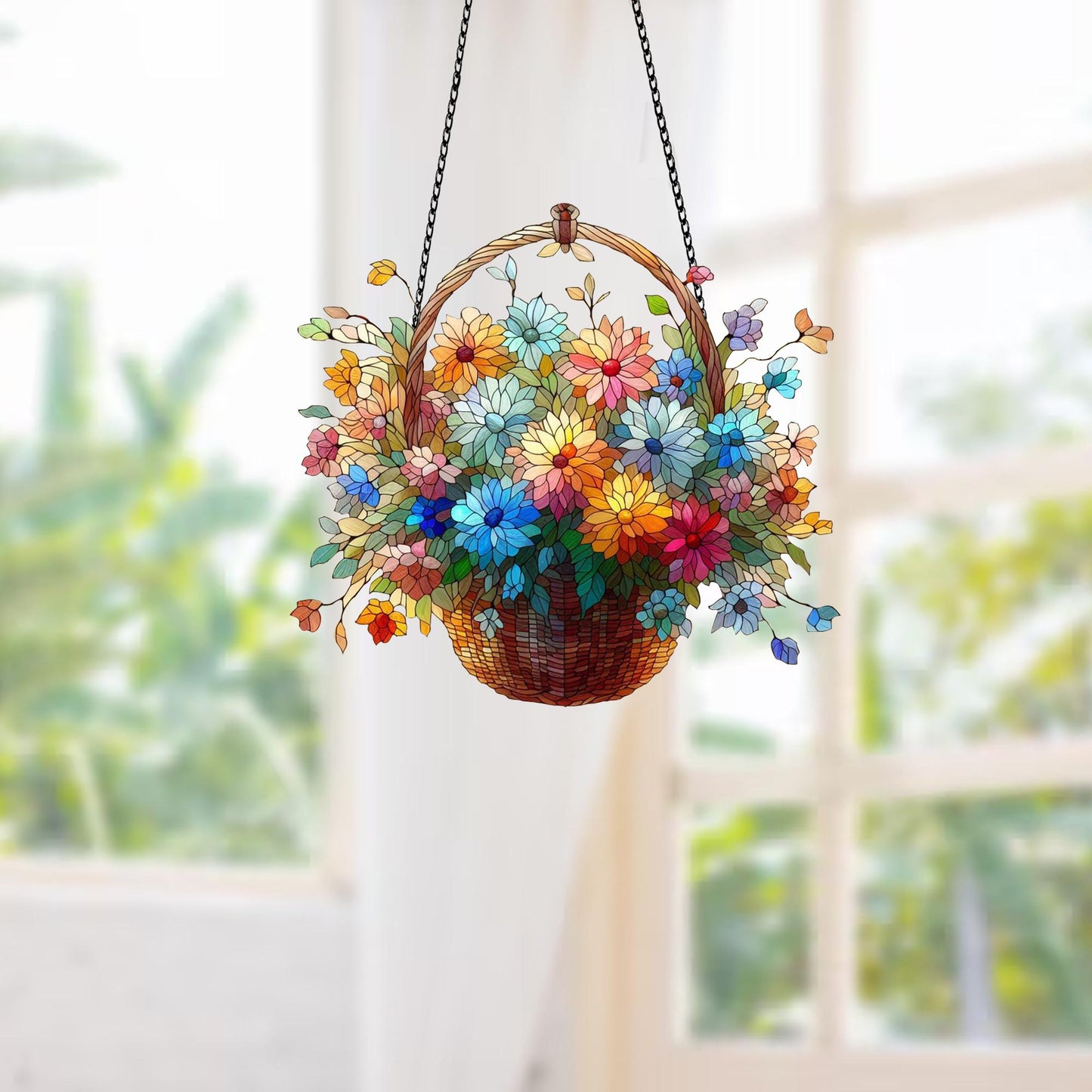 Yellow flowers Window Hanging, Flowers Acrylic Window Hanging Art Decoration, Monstera plant Ornament, Gift for her, Housewarming gift