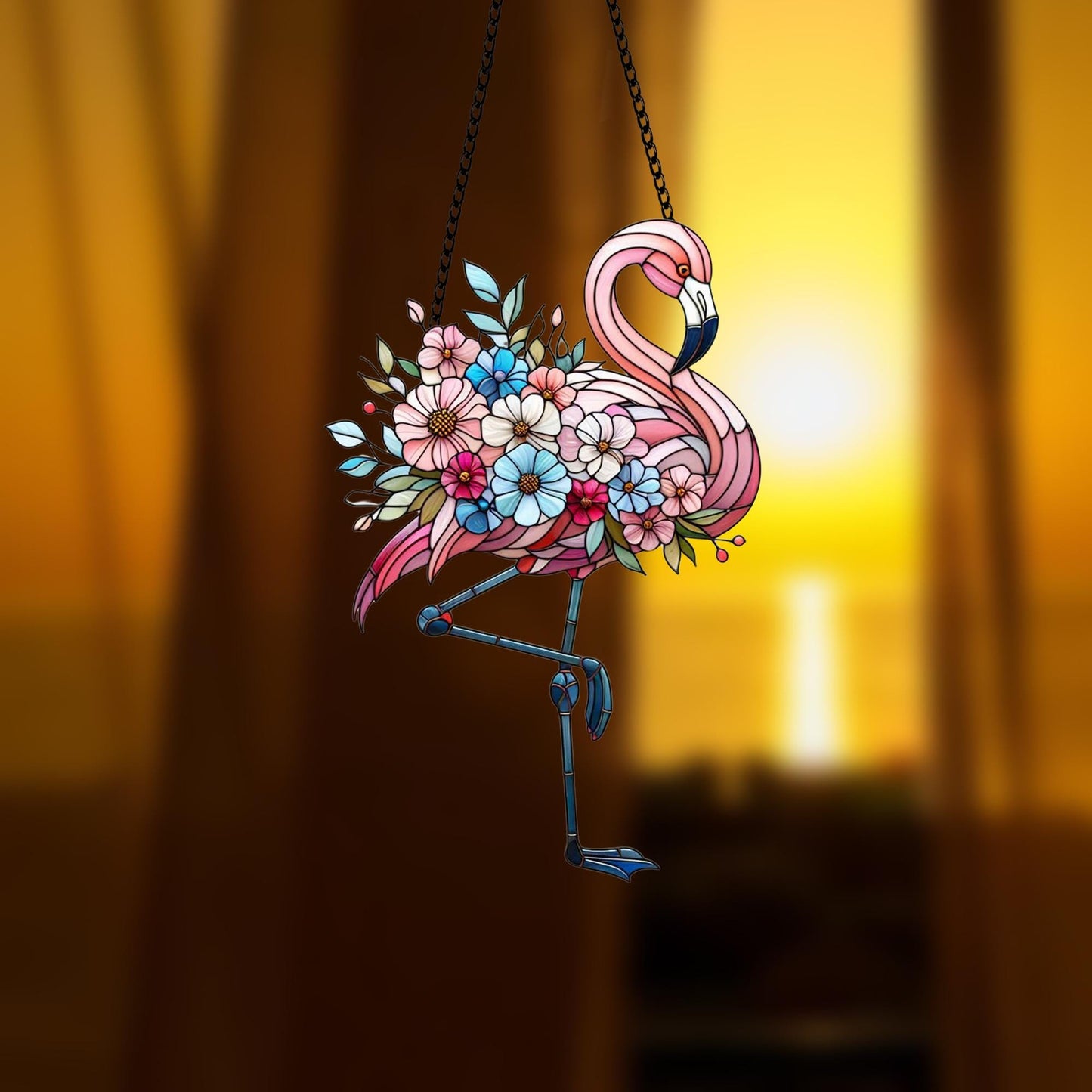 Pink Flamingo window hanging, Sunset lotus flowers, Acrylic window hangings, bird artwork, Mothers day gift, Gift for her,Housewarming decor