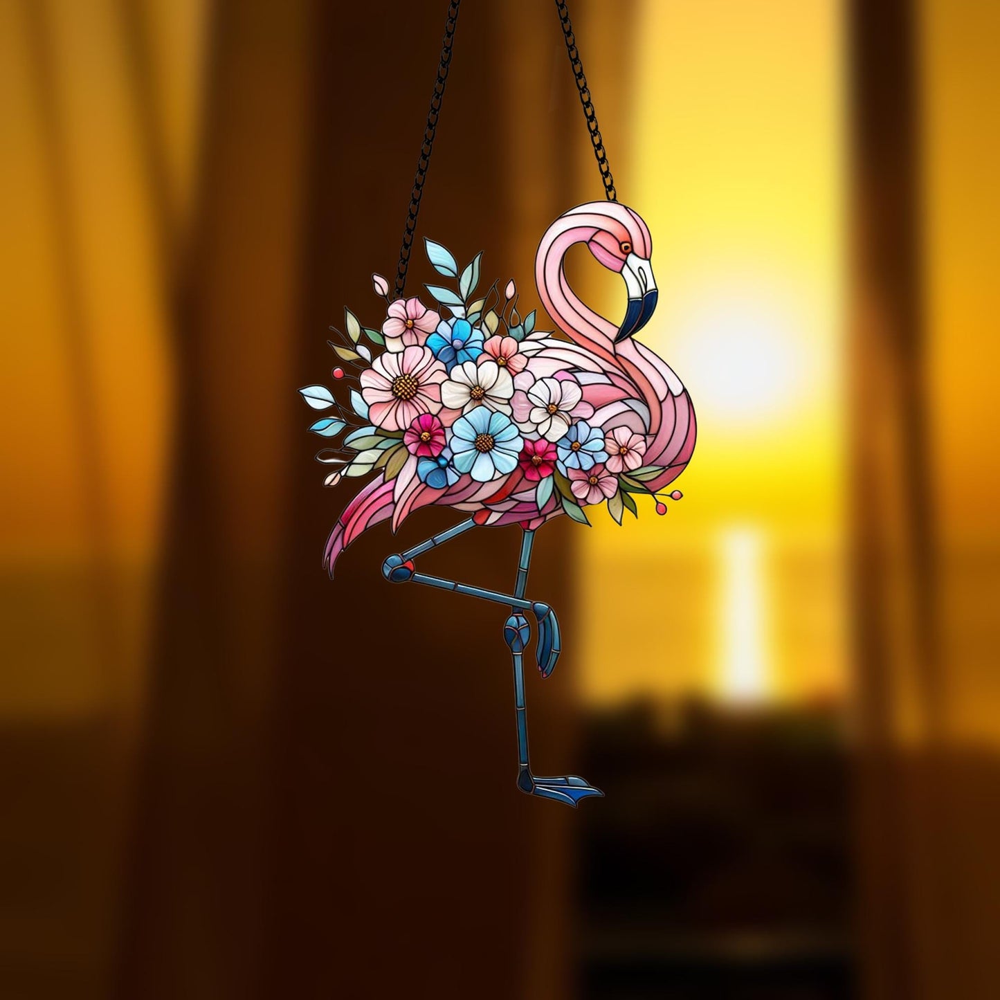 Pink Flamingo window hanging, Sunset lotus flowers, Acrylic window hangings, bird artwork, Mothers day gift, Gift for her,Housewarming decor
