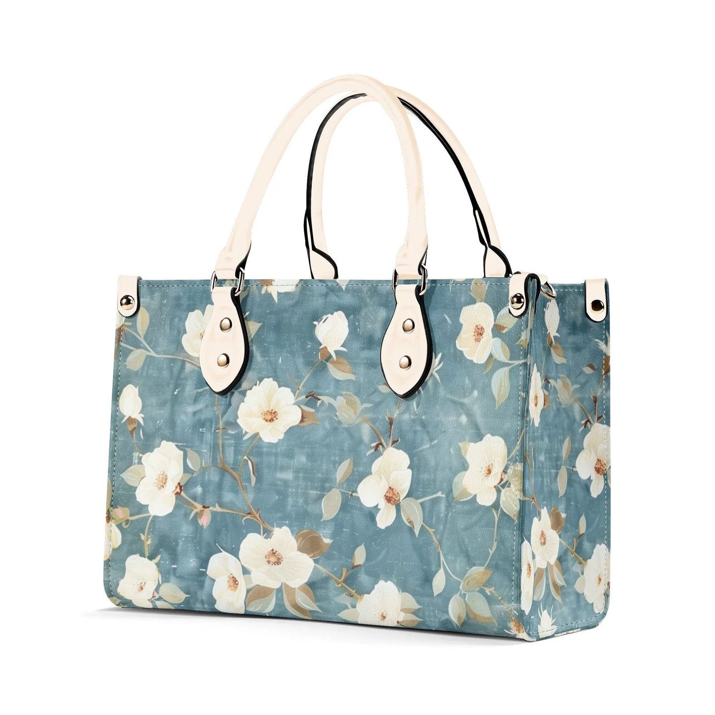 Summer Blue Bloom Handbag. Colorful Handbag, Waterproof PU Leather Tote, Top Handle Vegan Leather, Crossbody, Shoulder bag. Square Tote Bag