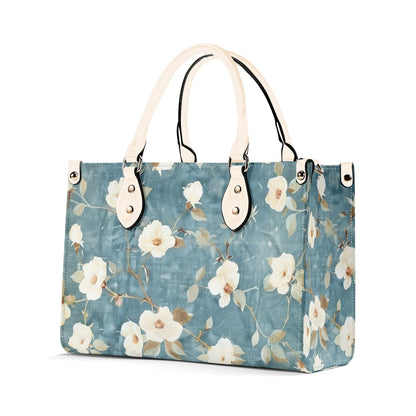 Summer Blue Bloom Handbag. Colorful Handbag, Waterproof PU Leather Tote, Top Handle Vegan Leather, Crossbody, Shoulder bag. Square Tote Bag
