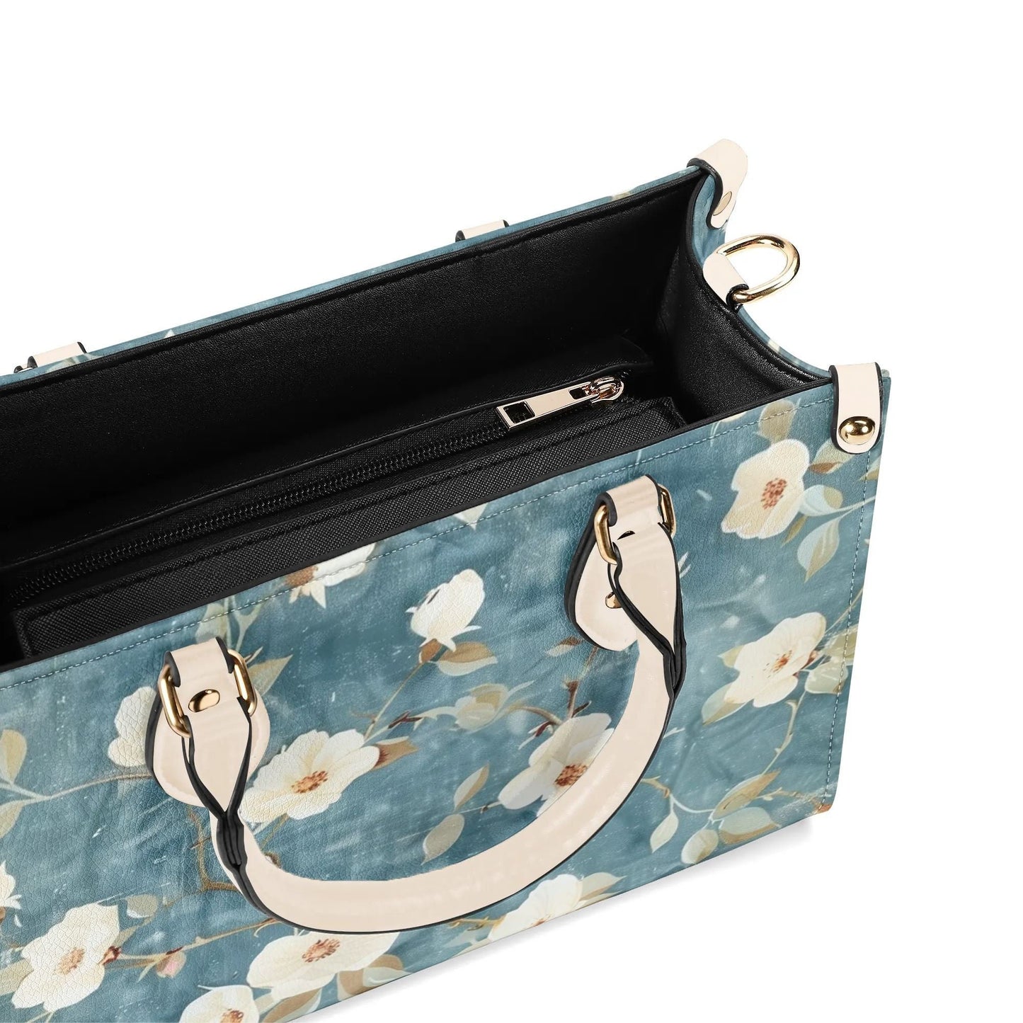 Summer Blue Bloom Handbag. Colorful Handbag, Waterproof PU Leather Tote, Top Handle Vegan Leather, Crossbody, Shoulder bag. Square Tote Bag