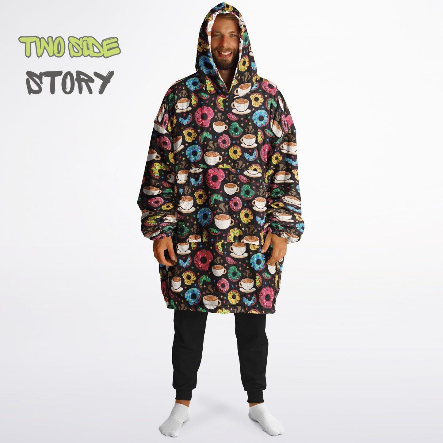 Unisex Sweets Donuts Print Reversible Snug Hoodie,Festival Rave Party Wear,Oversized Double Sided Hoodie Blanket,Unique Gift for Foodie