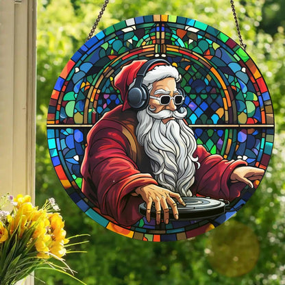 Dope DJ Santa Claus: Stained Glass Style Window Hanging