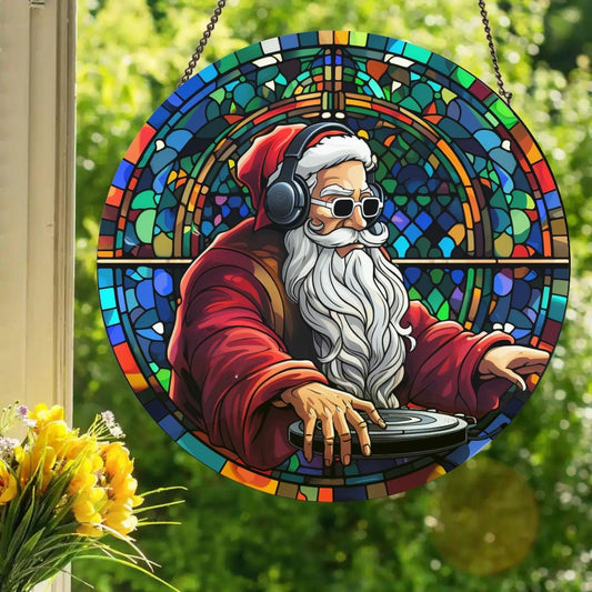 Dope DJ Santa Claus: Stained Glass Style Window Hanging