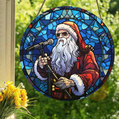 Vocalist Santa Claus: Stained Glass Style Window Hanging